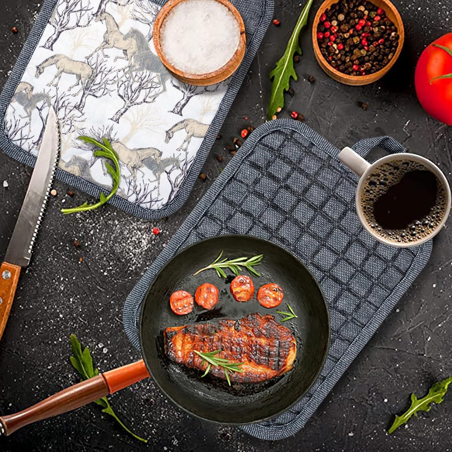 Pot Holders Set of 3 Silicone Printing Non Slip Heat Resistant, Yarm-Dyed Hot Pads Cotton Home Kitchen Cooking Barbecue Microwave Women Men Machine Washable BBQ Grilling. (Gray Potholders)