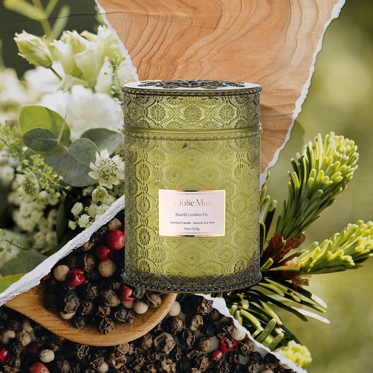 Starlit Golden Fir Candle – Pine, Cedarwood, Fir Balsam | 19 Oz Large Wooden Wick Candle | Natural Soy Wax | 90 Hours Clean Burn | Gift-Ready for Hosts & Gatherings