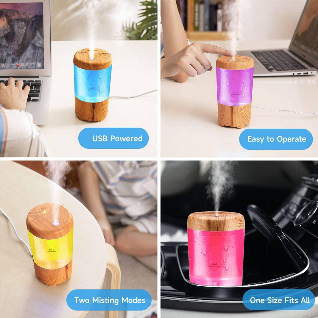 Mini Humidifier and Diffuser, Portable USB Travel Humidifier for Car, Desk or Home, 7 Colors, Essential Oil Diffuser
