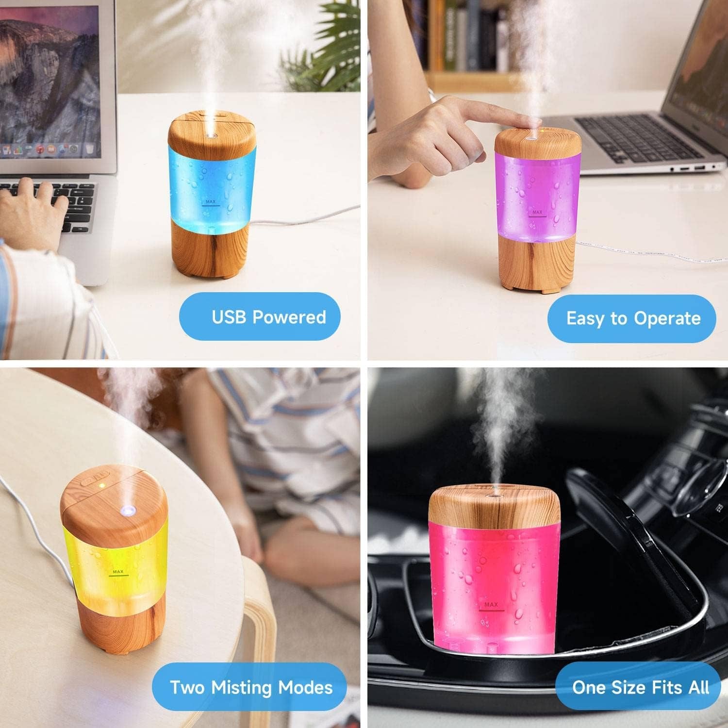 Mini Humidifier and Diffuser, Portable USB Travel Humidifier for Car, Desk or Home, 7 Colors, Essential Oil Diffuser