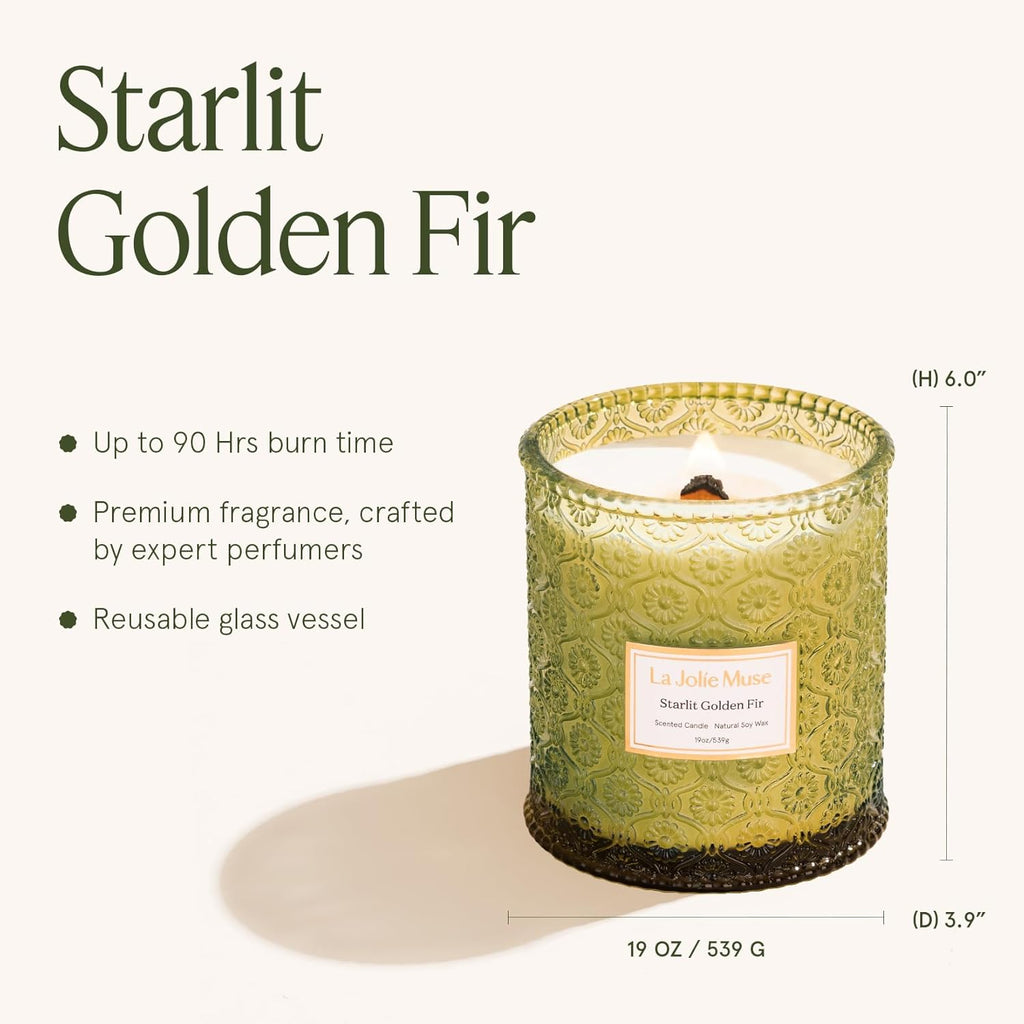 Starlit Golden Fir Candle – Pine, Cedarwood, Fir Balsam | 19 Oz Large Wooden Wick Candle | Natural Soy Wax | 90 Hours Clean Burn | Gift-Ready for Hosts & Gatherings