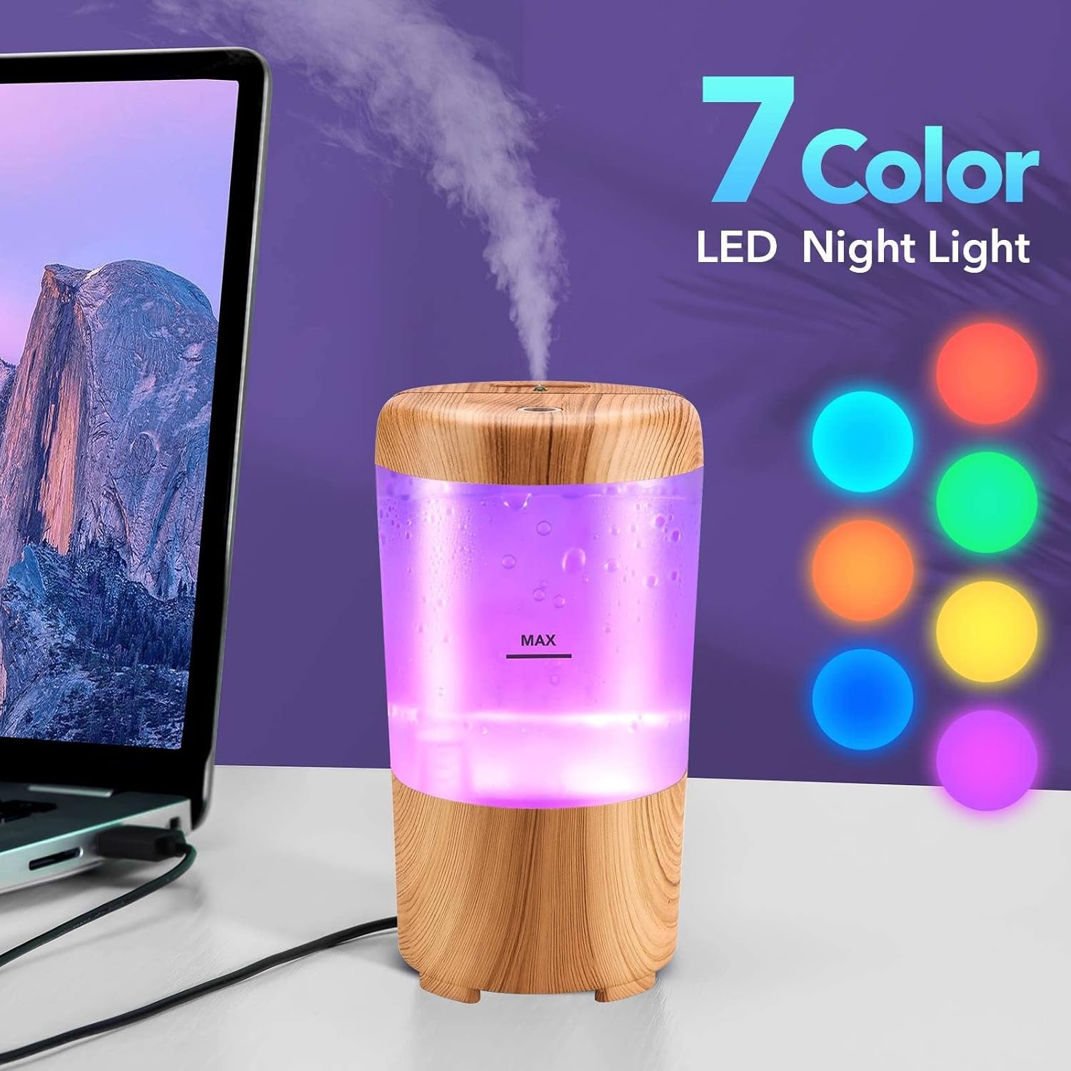 Mini Humidifier and Diffuser, Portable USB Travel Humidifier for Car, Desk or Home, 7 Colors, Essential Oil Diffuser