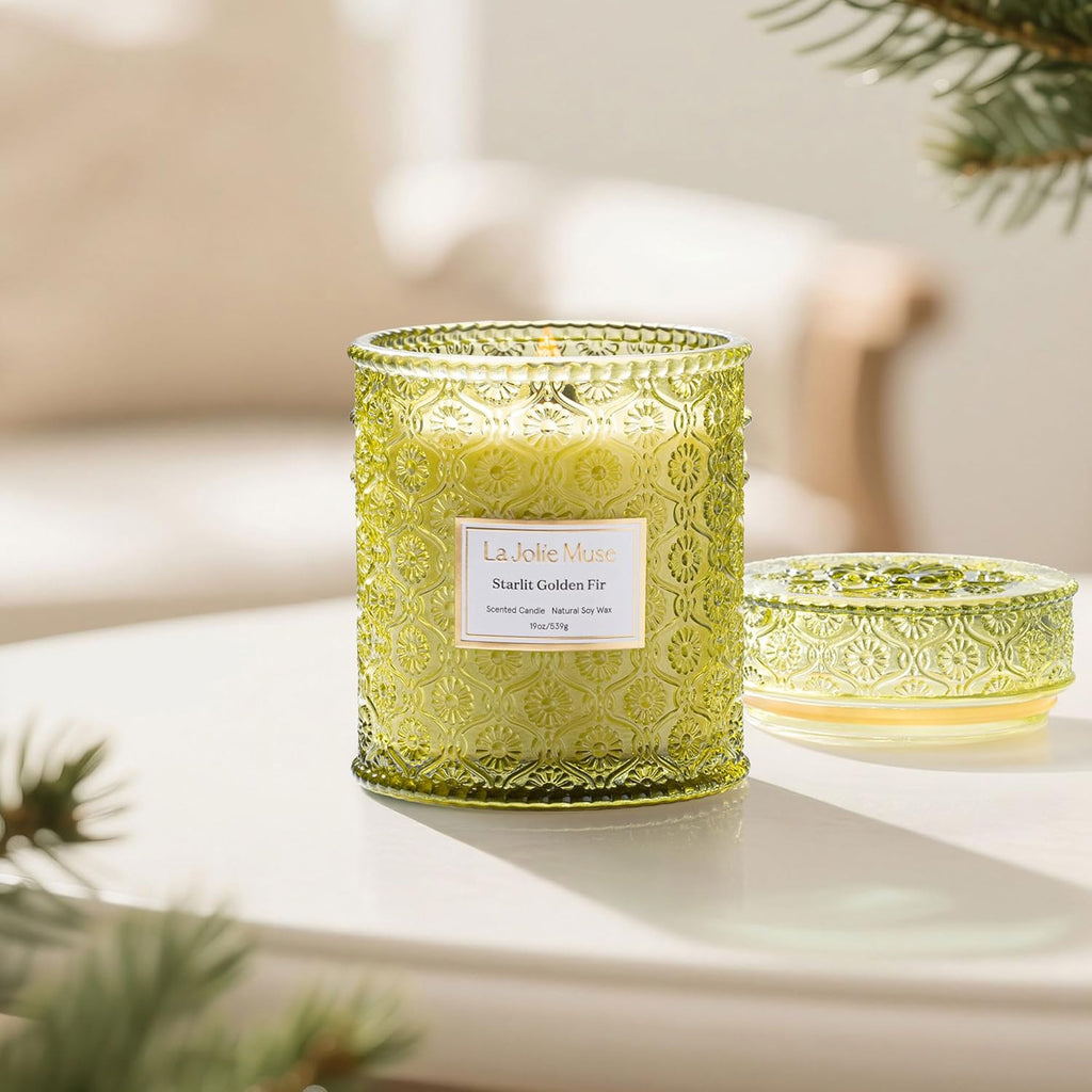 Starlit Golden Fir Candle – Pine, Cedarwood, Fir Balsam | 19 Oz Large Wooden Wick Candle | Natural Soy Wax | 90 Hours Clean Burn | Gift-Ready for Hosts & Gatherings